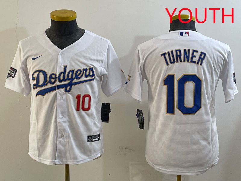 Youth Los Angeles Dodgers #10 Turner White Gold Game 2025 Nike MLB Jersey style 1->youth mlb jersey->Youth Jersey